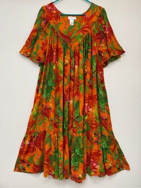 Cabernet Patio Casuals Orange Tropical Floral Dress Size Medium